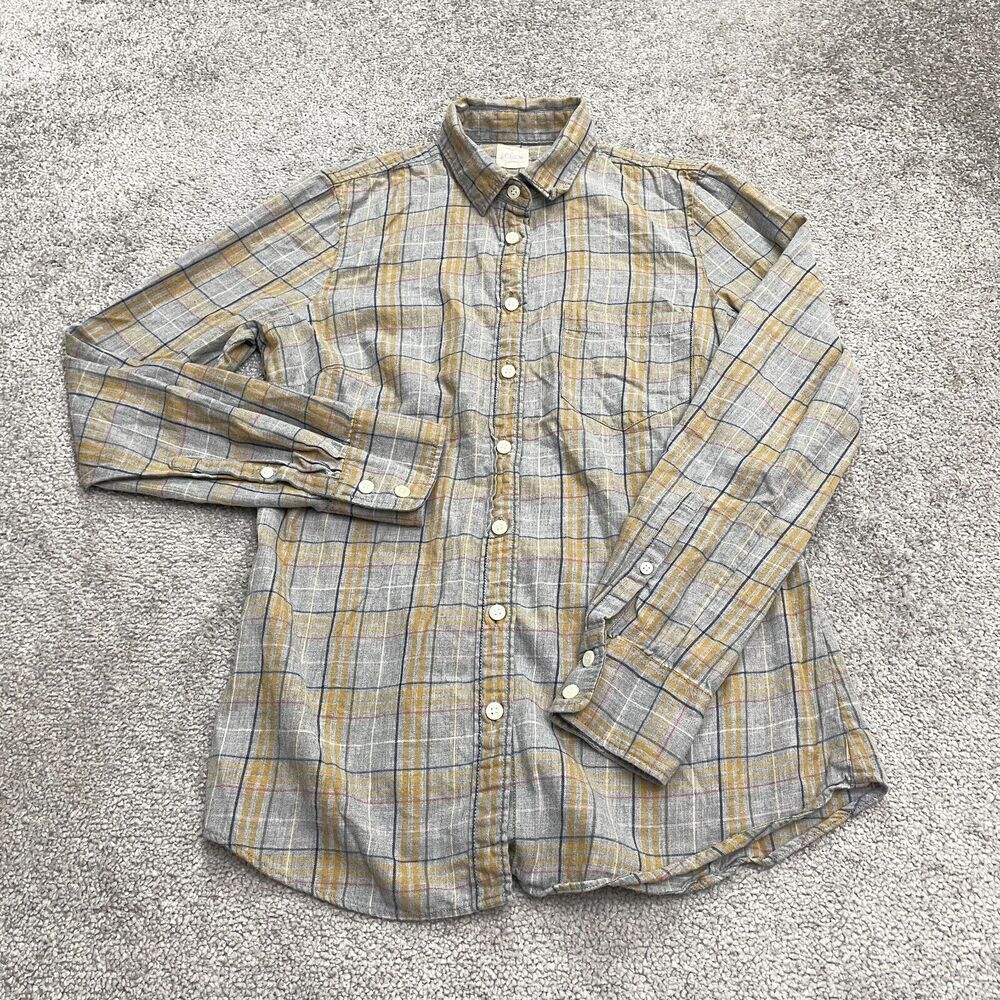 J.Crew Perfect Fit Flannel Shirt Womens XS Yellow Gray Plaid Button Down Cotton